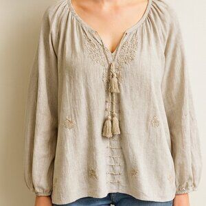 World Market L/XL Bohemian Neutral Peasant Blouse Hippie Earthy Embroidered
